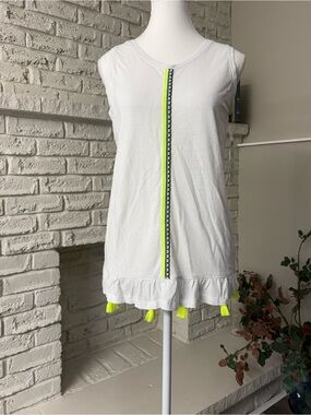 Tribal Jeans White Sleeveless Tank Top Neon Trim Tassels Size S